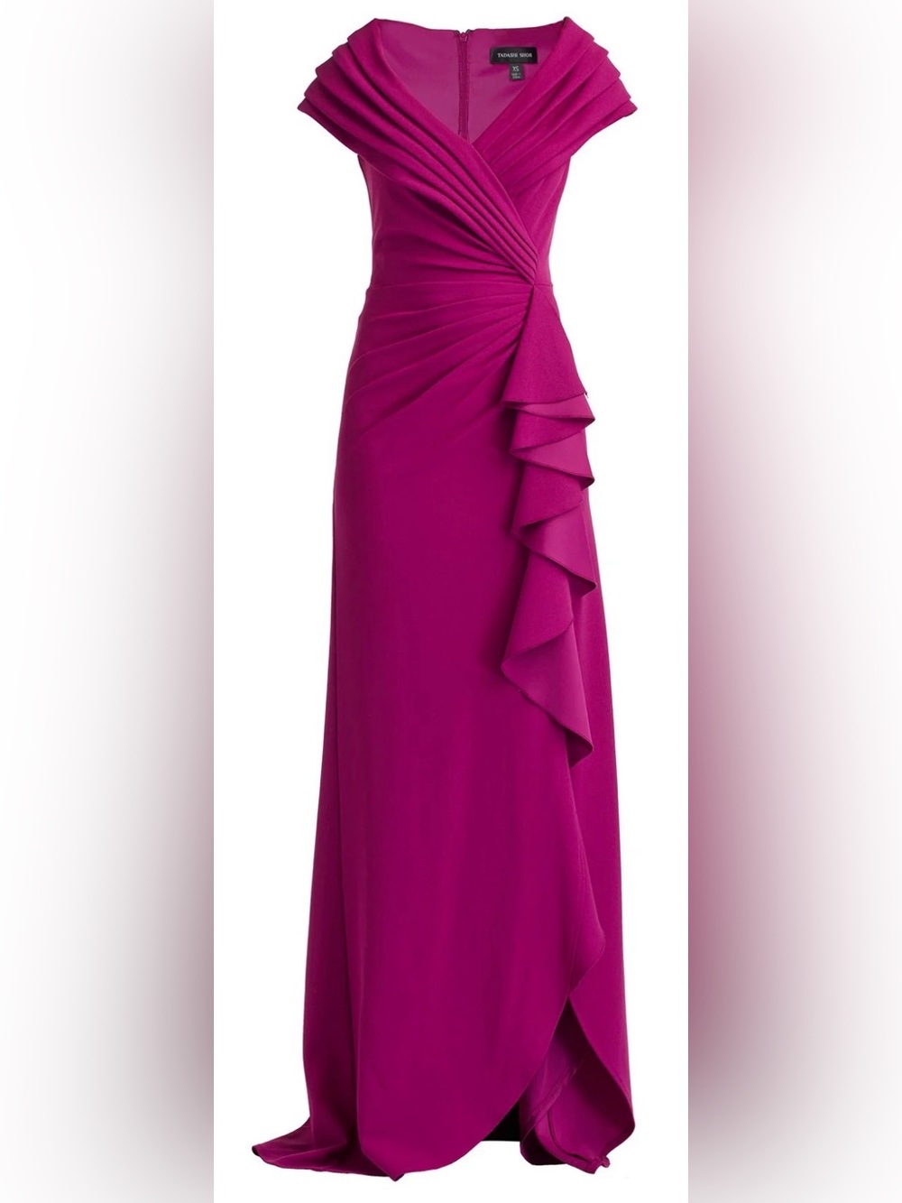 NEW TADASHI SHOJI TALISE waterfall Cascade magenta Ruffle Portrait Neck Gown L - Picture 4 of 12